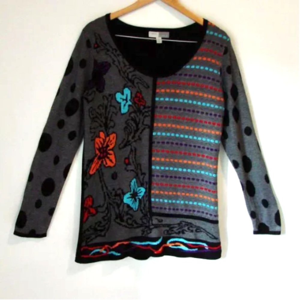 Gabby Isabella Tunic Sweater Colourful Floral Round Neck Gray Black Size Large